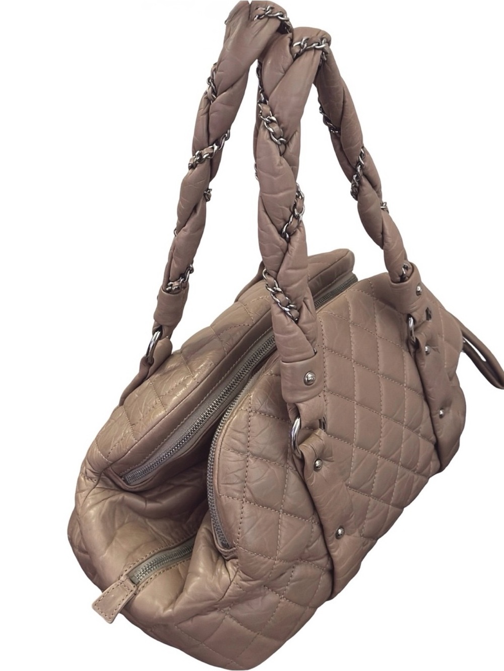 Chanel Lady Braid Bowler Bag Distressed Lambskin Taupe Quilted Satchel 13” - Picture 4 of 12